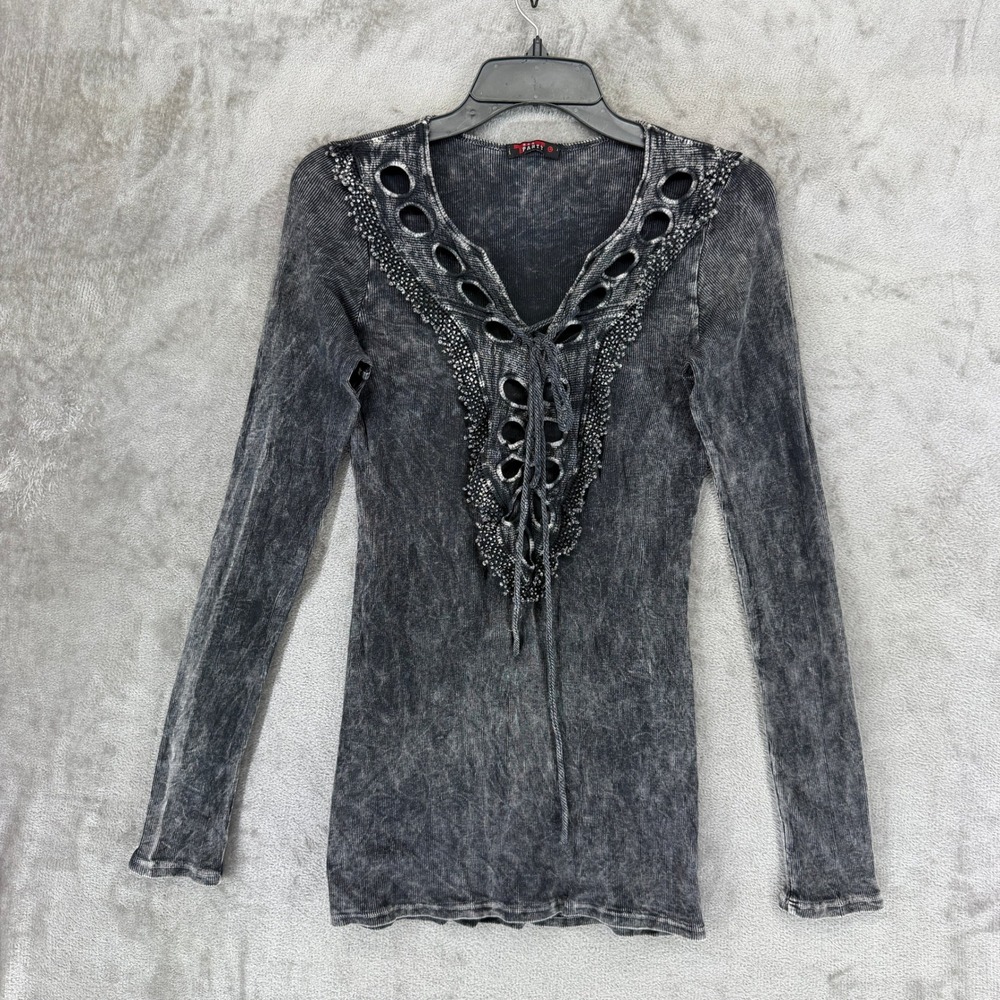 T-Party Womens Gray Acid Wash Lace Up Beaded Grommet Long Sleeve Top 4S35381 L